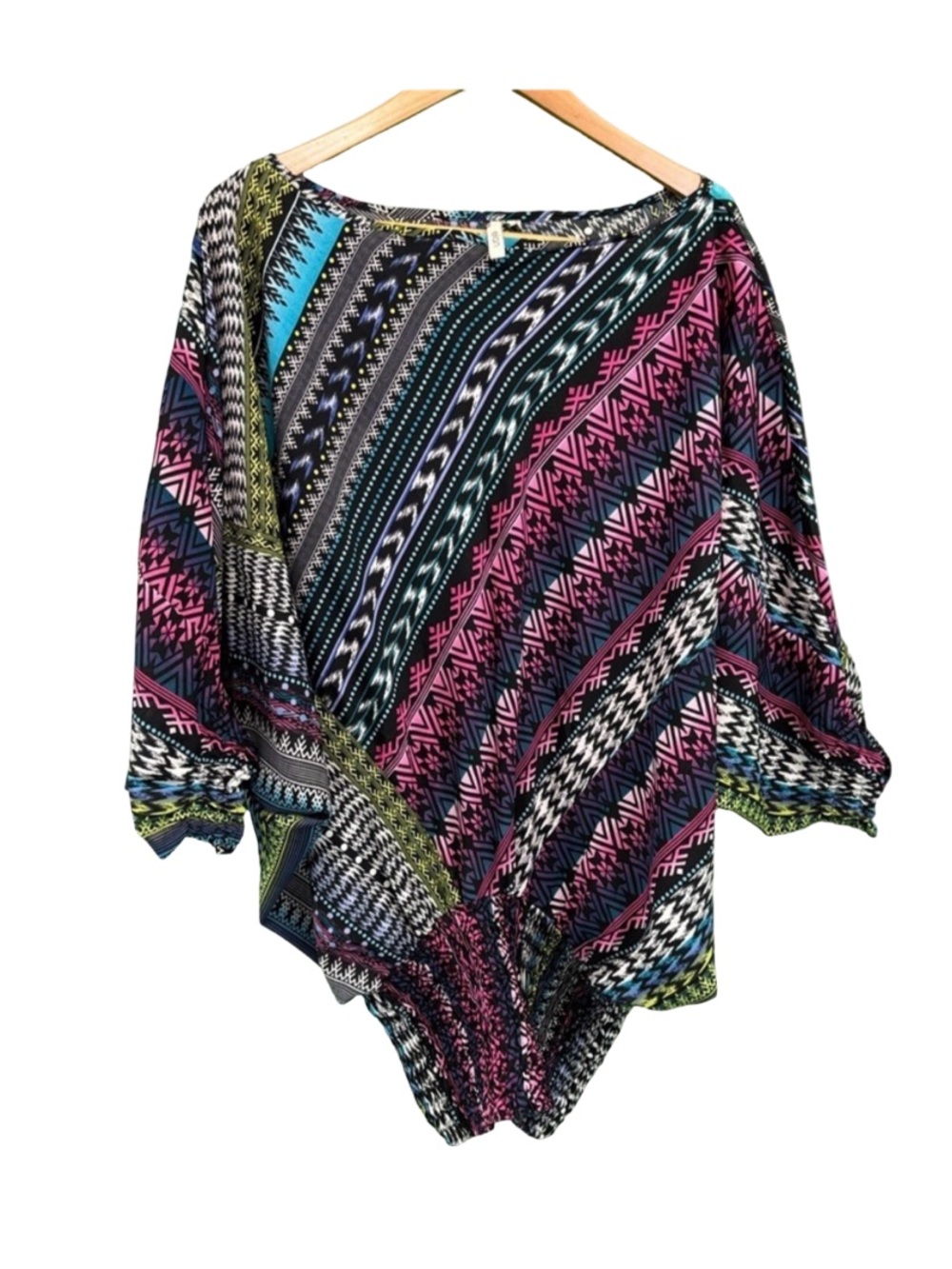 Elan Pink and Blue Asymmetrical Dolman Sleeve Blouse